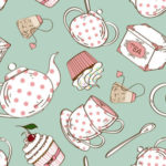 24697294 – fancy seamless pattern of white pink polka dots tea set and cupcakes